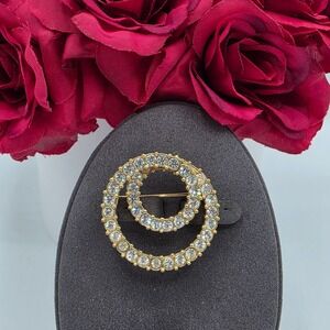 Vintage S.A.L.‎ Rhinestone Circle Brooch Gold Tone Double Ring Mid Century
